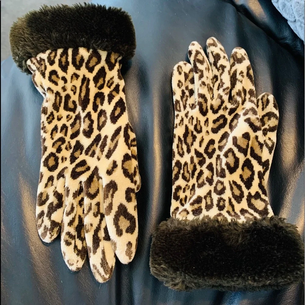 LEOPARD GLOVES WITH FAUX FUR TRIM